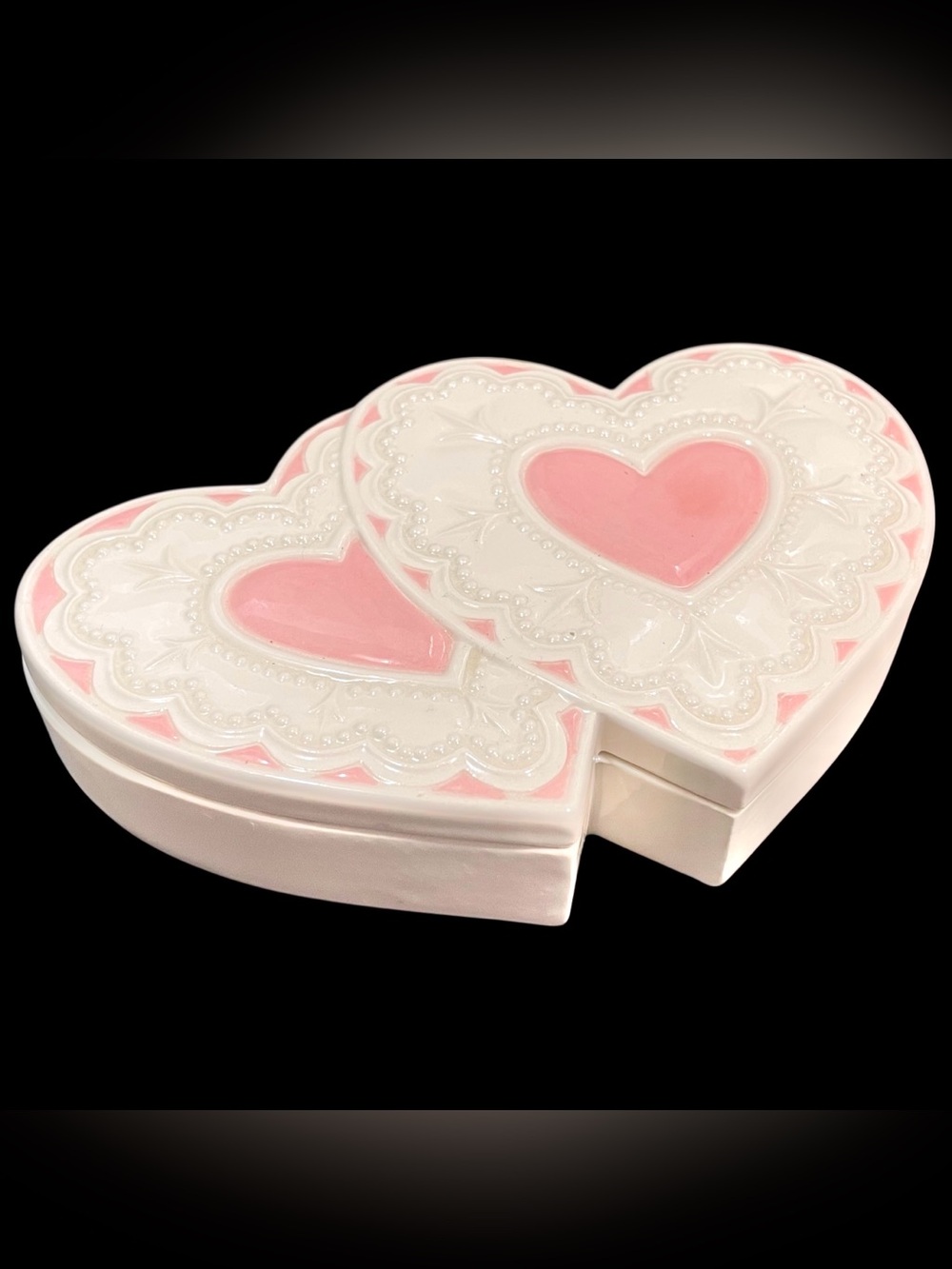 Vintage 1980s Double Heart Shaped Porcelain Trinket Dish Box - Pink and White